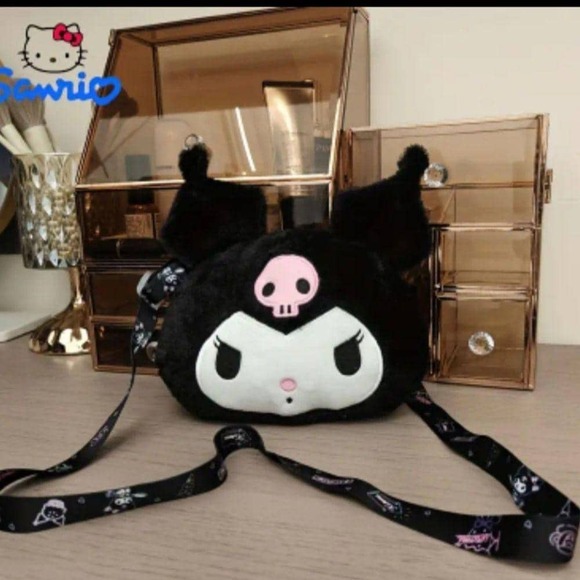 Sanrio Other - NWT Kuromi Plush Pochette Skull Cat Ears Soft Black Fleece with Adjustable Strap